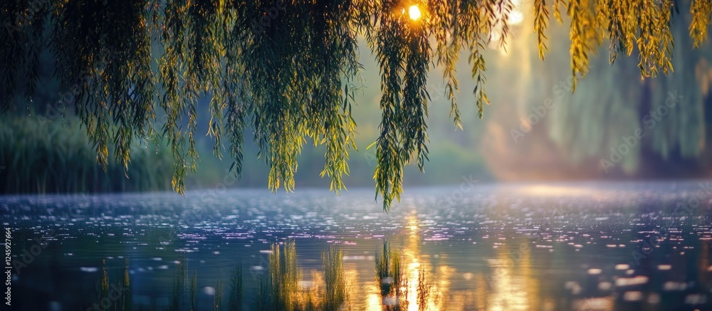 Poster willow branches gracefully sway above tranquil lake waters, illuminated by soft sunlight, creating a