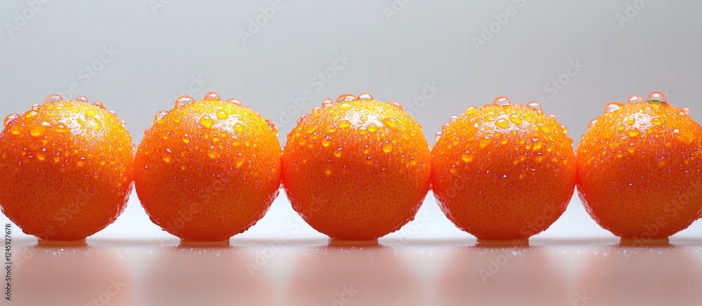 Poster freshly washed tangerines arranged in a row with water droplets isolated on a white background highl