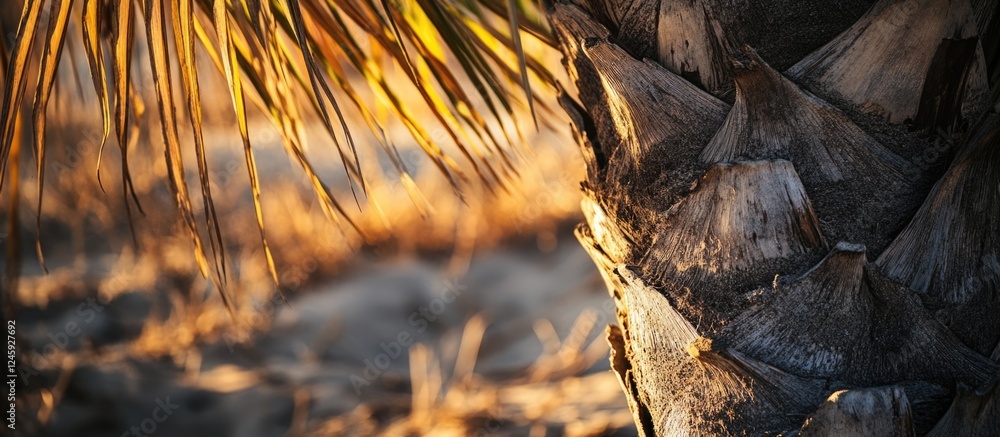 Aufkleber close up view of a dry palm tree revealing intricate textures and warm tones in a natural background