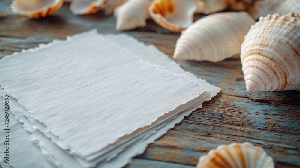 Poster close up of textured paper stack with seashells on rustic wooden table creating a warm ambiance idea