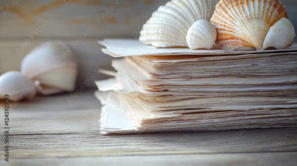 Poster stack of vintage papers with seashells on rustic wood table creating an inviting and tranquil atmosp