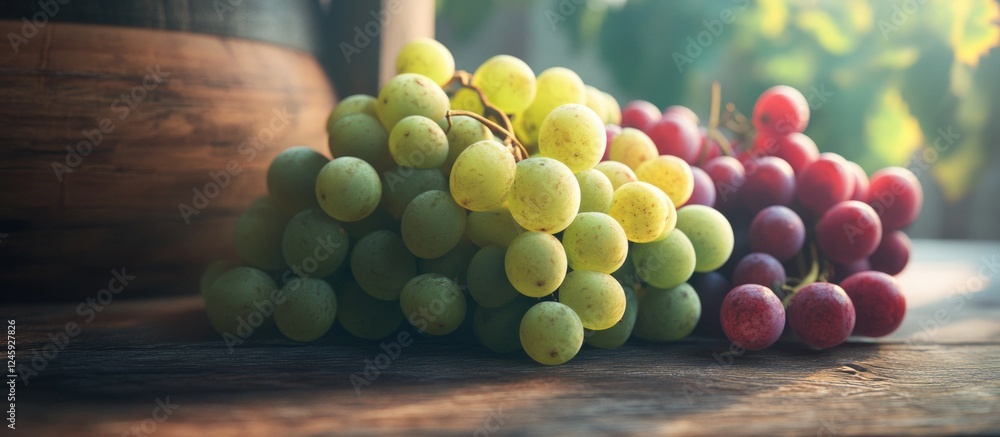 Poster fresh ripe green and red grapes arranged on a rustic wooden table in soft natural light showcasing v