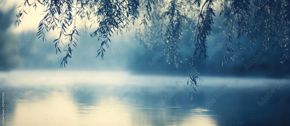 Poster Willow branches gently hanging over a serene lake reflecting a misty backdrop in soft backlighting creating a tranquil atmosphere