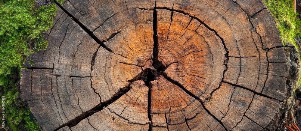 Aufkleber close up of a weathered brown log displaying a deep crack affected by pests and environmental factor