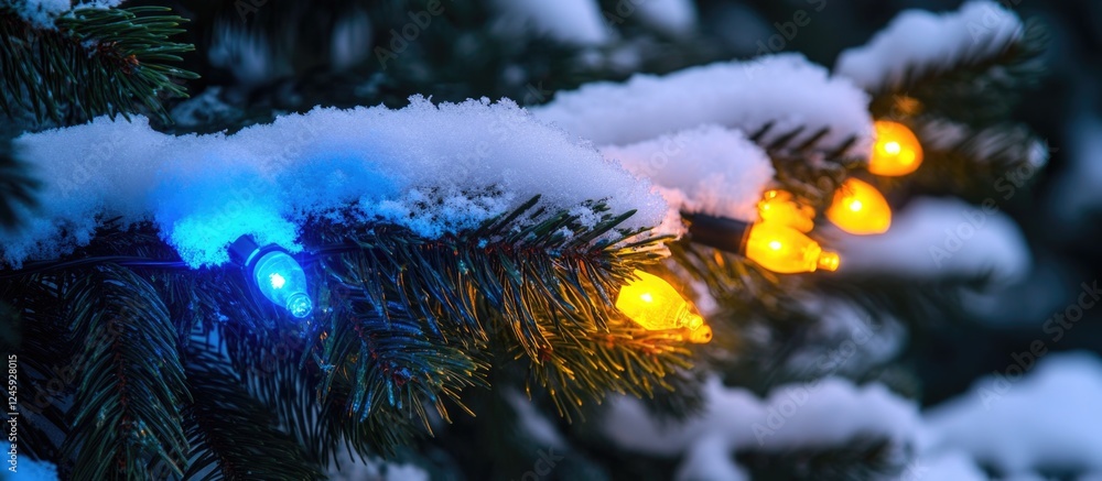 Poster pine tree branch dusted with snow featuring vibrant yellow and blue christmas lights creating a fest