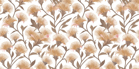 a repeating floral pattern of Pohutukawa flowers and foliage against a white background.