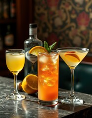 Vibrant cocktails on a marble bar table with citrus fruits and a decorative background at an evening gathering