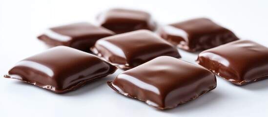 Naklejka premium Chocolate pillow-shaped candies filled with cream arranged on a white background for a tempting dessert image.