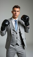 Naklejka premium A confident young man in a tailored gray suit and boxing gloves strikes a powerful pose, exuding determination and strength. The contrast of formal attire with boxing gear creates a striking visual