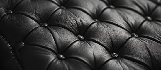 Naklejka premium Close up of textured black leather showcasing intricate details and patterns suitable for design or fashion backgrounds.