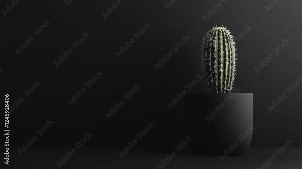 Poster close up of a tall cactus in a sleek black pot on a dark background with ample copy space for text o