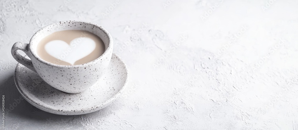 Aufkleber Cappuccino cup with heart shaped froth art on white table close up side view inviting empty space for text or branding purposes