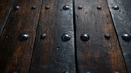 Fototapeta premium Close-up of weathered wooden planks with metallic rivets showcasing rustic texture.
