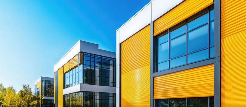 Modern commercial building featuring closed yellow roller shutters and large glass windows under a clear blue sky.
