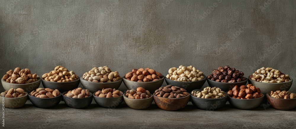 Poster variety of bowls filled with assorted tasty nuts arranged on a textured grey background for a gourme