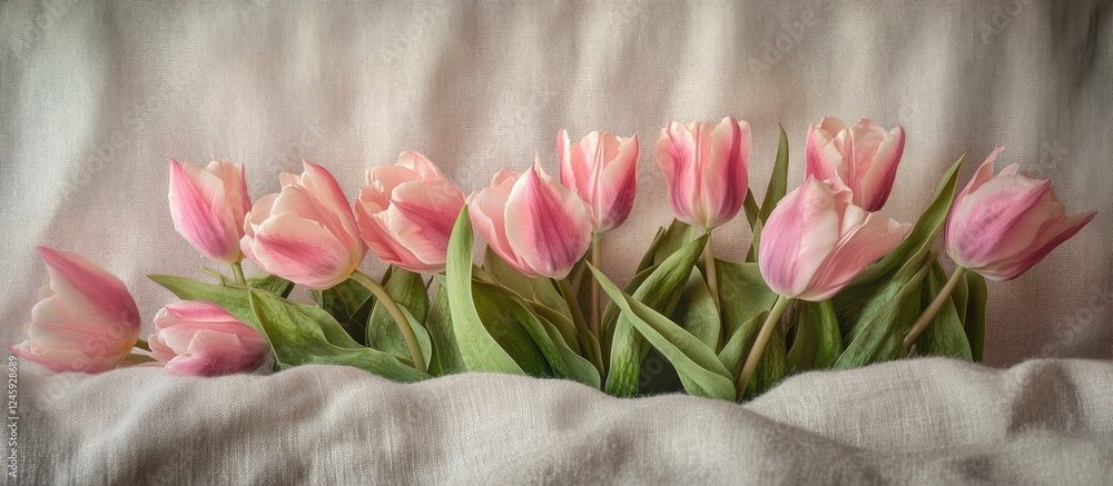 Aufkleber elegant arrangement of pink tulips on soft white fabric creating a serene and romantic atmosphere fo