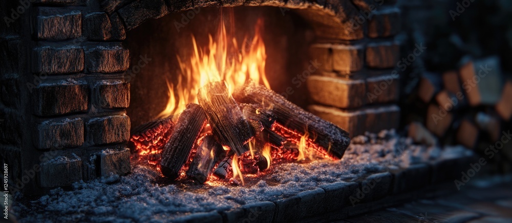 Poster Close up of burning firewood in a rustic fireplace with glowing embers creating a warm inviting atmosphere for cozy settings