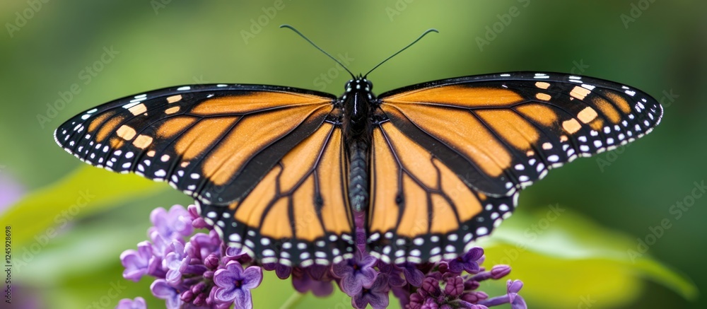 Poster butterfly perched on lilac flower with green blurred background and ample negative space for text pl