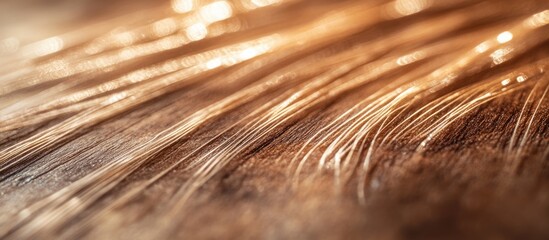 Close-up of flowing hair strands on a rustic brown wood background highlighting texture and natural beauty in a warm light setting.