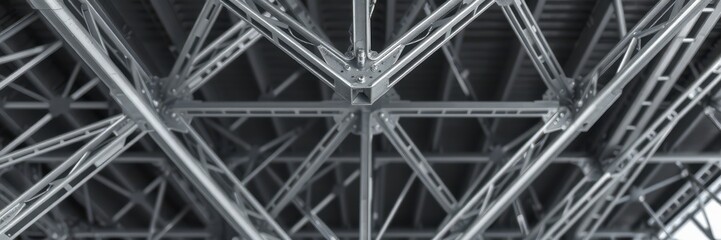 A close-up view of the underside of a bridge, showcasing the intricate steel beams and complex structural design