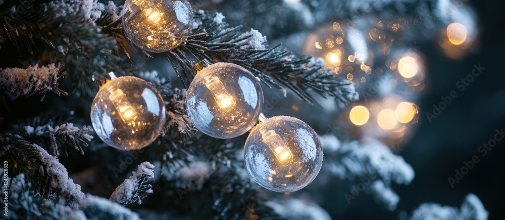 Poster close up of decorative glass balls and warm light bulbs creating a bokeh effect on a snow-dusted chr