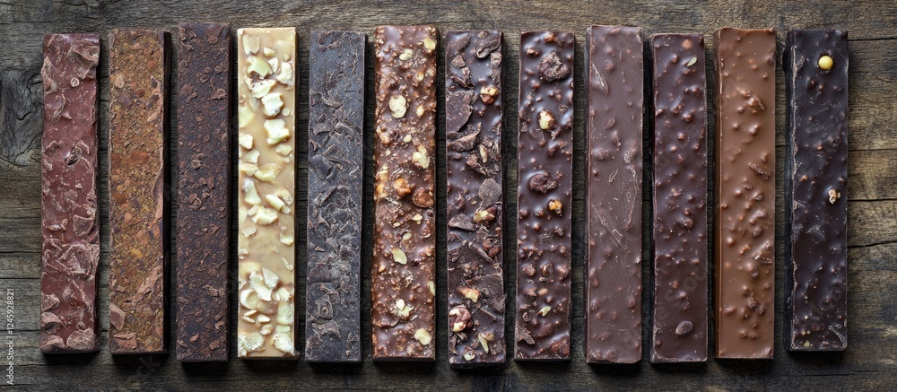 Poster assorted chocolate bars displayed in a row on rustic wooden background