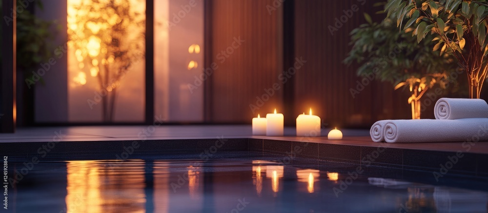 Poster candlelit spa oasis for meditation with soft lighting and tranquil atmosphere featuring space for te