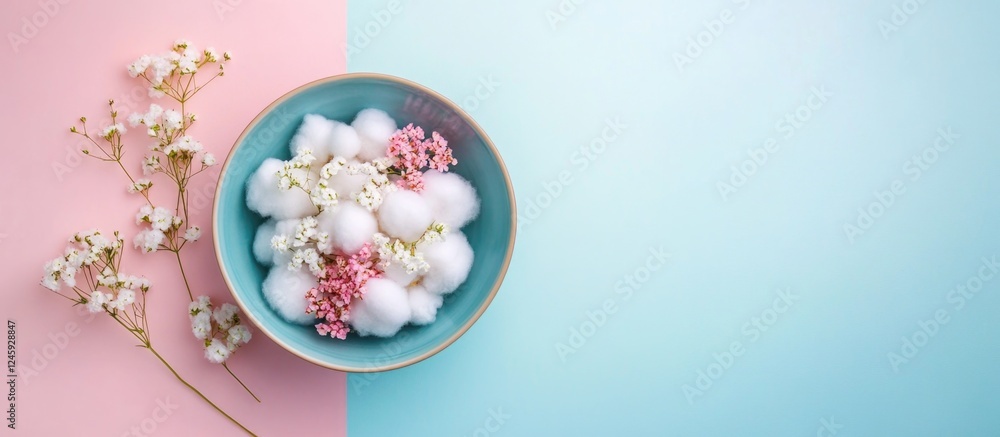 Aufkleber fluffy flowers and cotton balls in bowl on pastel background decorative flat lay with space for text