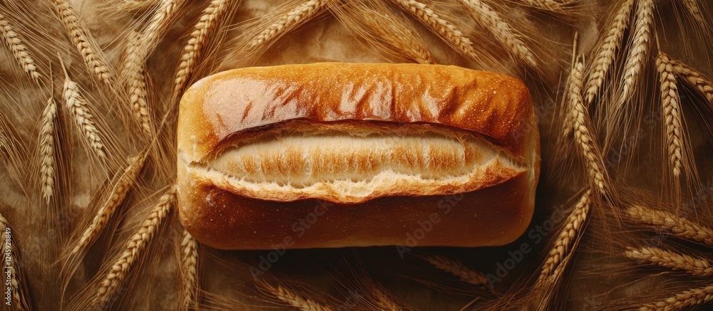 Poster freshly baked golden bread surrounded by wheat on rustic background with ample copy space for culina