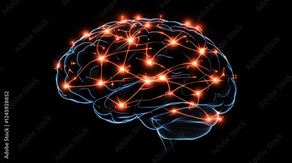 Poster scientific depiction of the brain with glowing neuron pathways and electrical activity. generative a