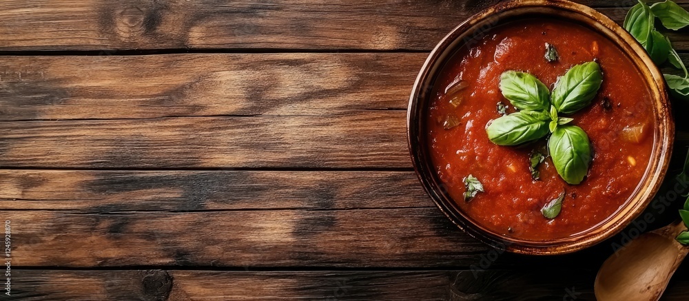 Poster Bowl of vibrant tomato soup garnished with fresh basil on a rustic wooden background with empty space for text and design elements