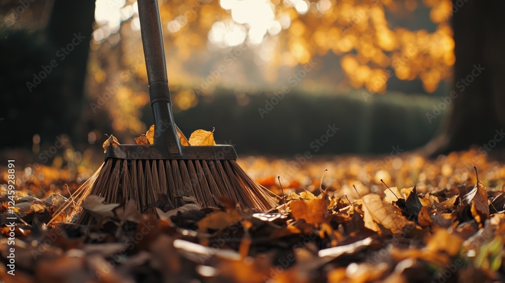 Aufkleber autumn garden scene featuring a rake surrounded by colorful leaves with soft focus and ample space f