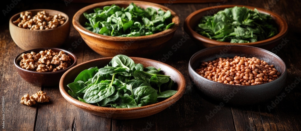 Poster bowls of fresh spinach walnuts pinto beans and spelt on a rustic wooden table showcasing healthy foo