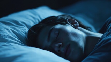 Close up of a peaceful person sleeping emphasizing the significance of sleep hygiene for overall health and mental wellness with space for text.