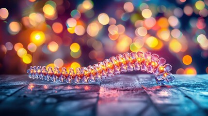 Illuminated spine on wood, bokeh lights, health concept