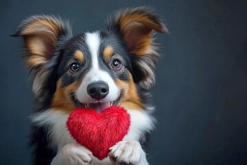Promotion conceptual art. Collie - my treasured dog. Cute collie dog with fluffy red heart - emblem of love, funny greeting card. Valentine's day concepts. Valentine's day cute pets. Pet love.