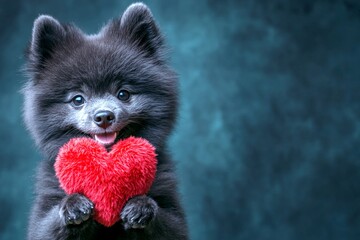 Cute keeshond dog with fluffy red heart - sign of love, funny greeting card. Marketing idea layout. Keeshond - my cherished dog. Valentine's dog accessories. Valentine's day inspiration.
