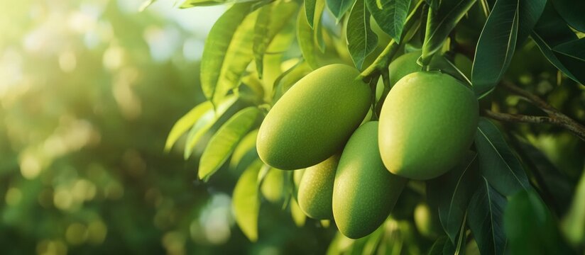 Fresh green mangoes hanging on the tree representing hybrid breeding and nutrition in agriculture with sunlight filtering through the leaves. - Powered by Adobe