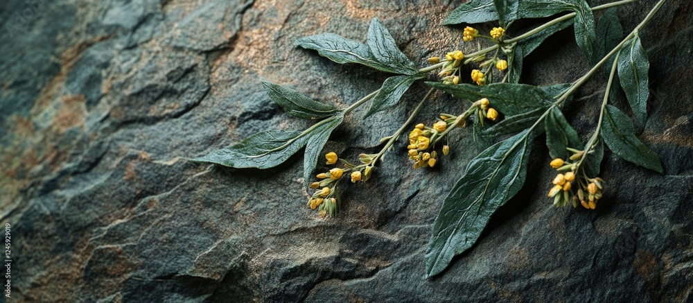 Poster bitter wormwood branch with yellow flowers on textured stone surface creating a natural and organic 
