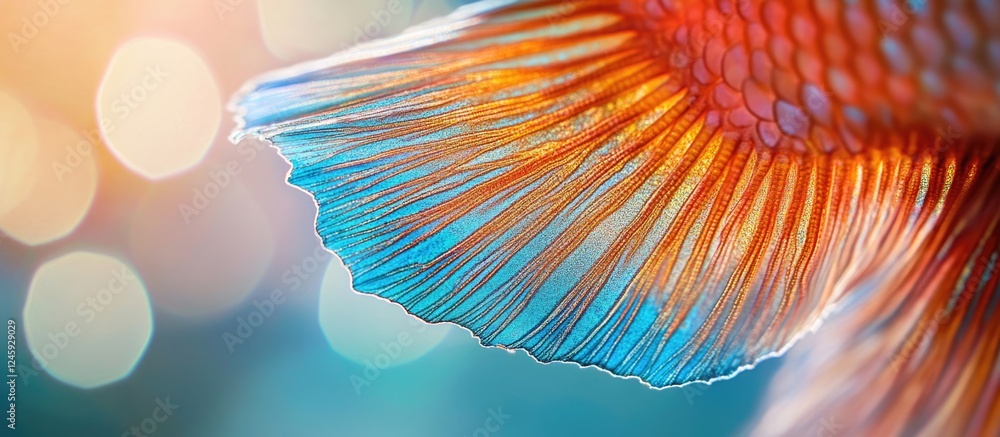 Poster macro close-up of a vibrant fish fin showcasing intricate textures and colors against a soft bokeh b