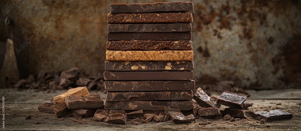 Poster chocolate bars stacked on a rustic wooden surface with scattered chocolate pieces creating an entici
