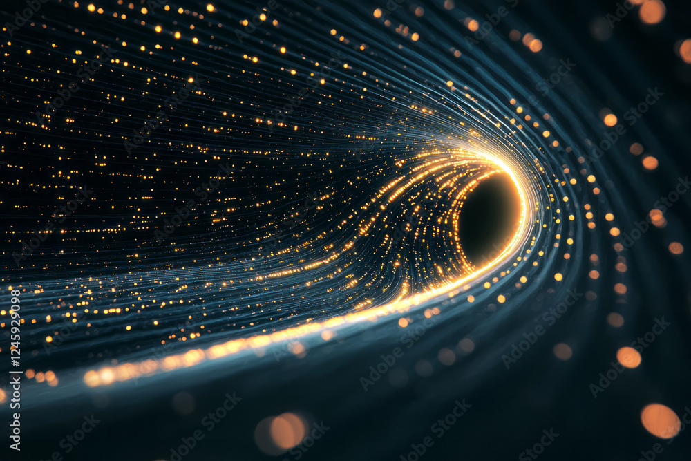 Poster a powerful abstract scene of radiant light trails converging at a central point, creating a