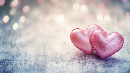 Obraz premium Two shiny metallic pink hearts on a dreamy, colorful bokeh background with floating hearts.