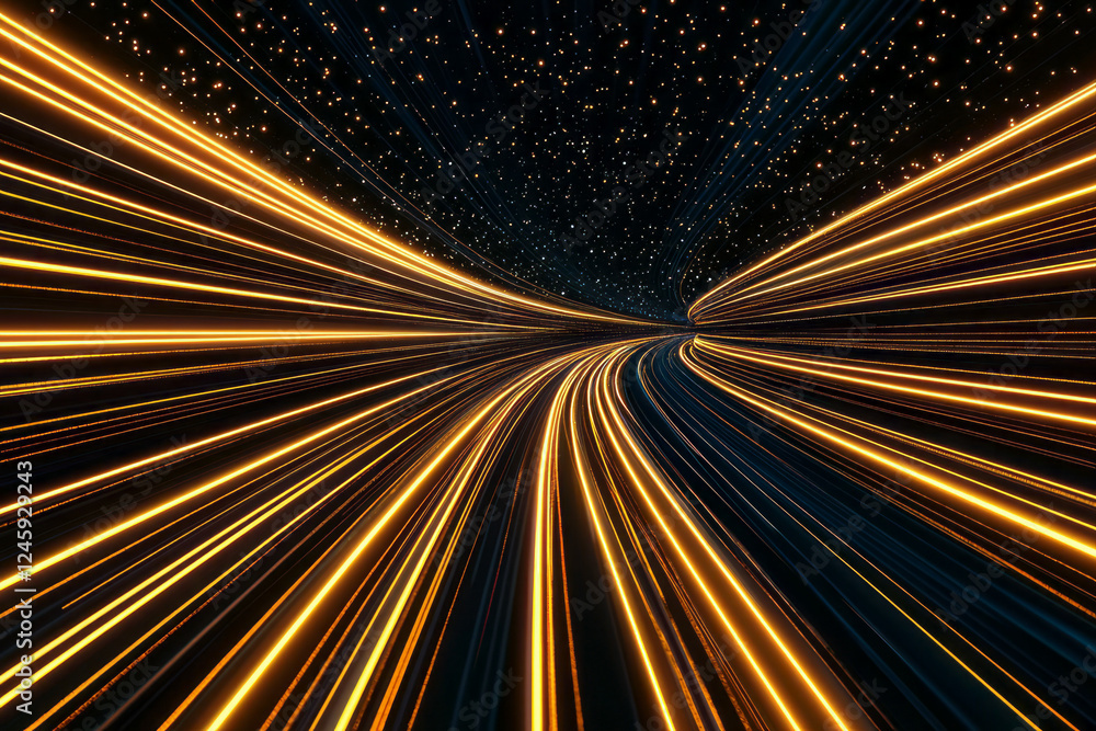 Poster a powerful abstract scene of radiant light trails converging at a central point, creating a