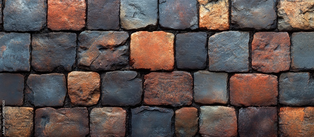 Poster Textured background with diverse brick block tile pattern ideal for design projects showcasing rustic and industrial aesthetics.