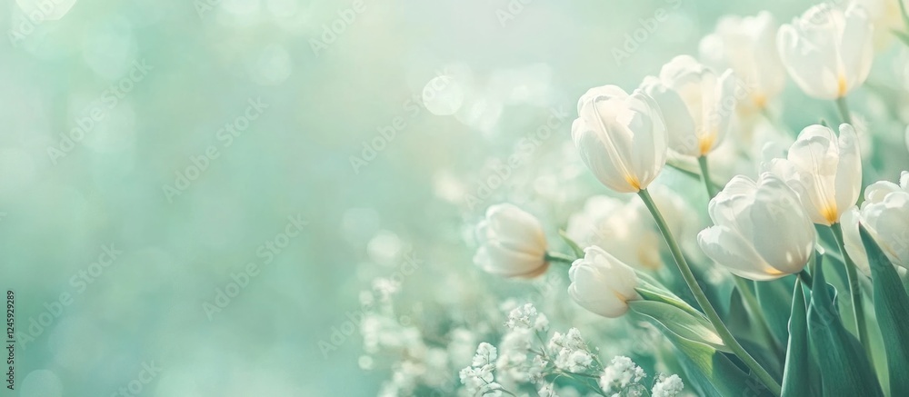 Aufkleber Bouquet of delicate white tulips in soft pastel green setting with blurred background and ample space for text or captions.