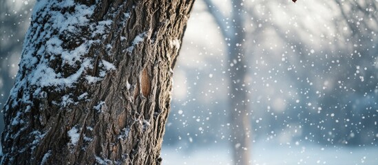 Close up of a textured tree trunk surrounded by a softly blurred snowy landscape in a tranquil winter scene