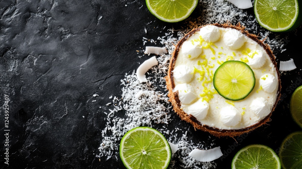 Poster coconut cheesecake slice topped with lime zest and surrounded by lime slices and coconut flakes on a