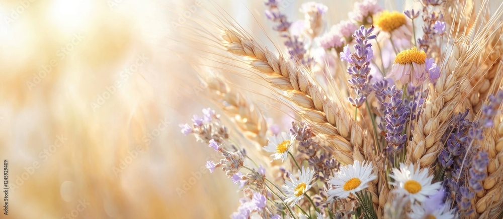 Poster wheat bouquet with wildflowers on a soft light background creating a serene and natural atmosphere f
