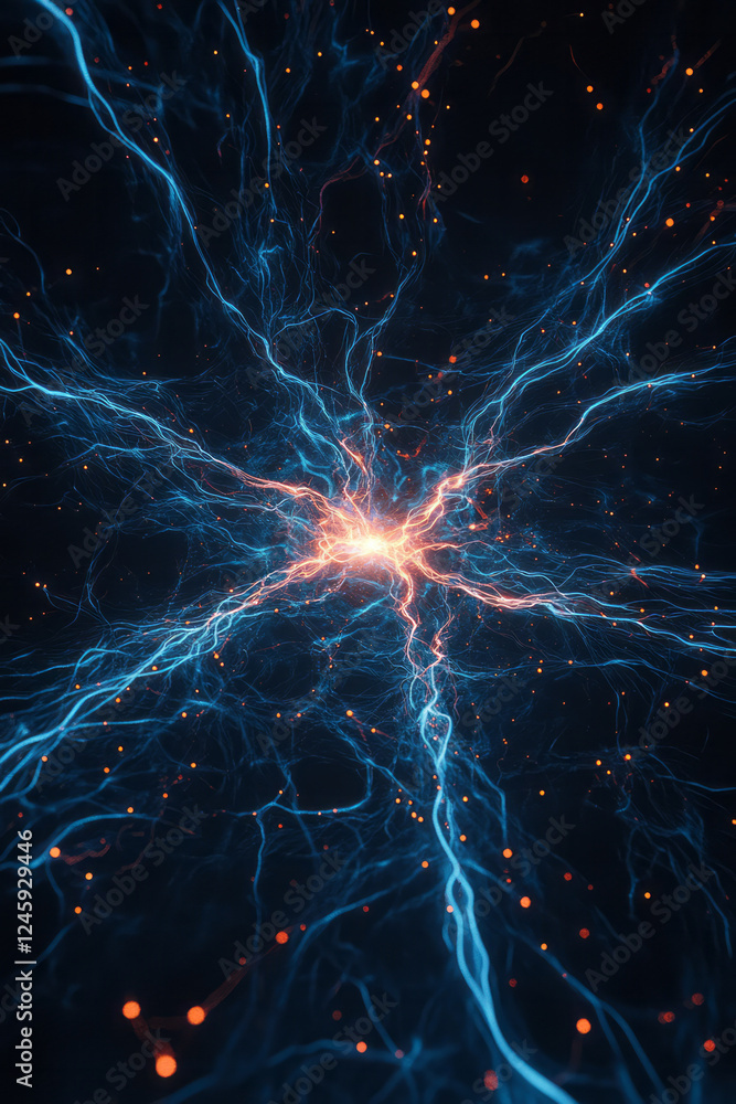 Poster an electrifying display of radiant light lines converging at a single point, set against a dark